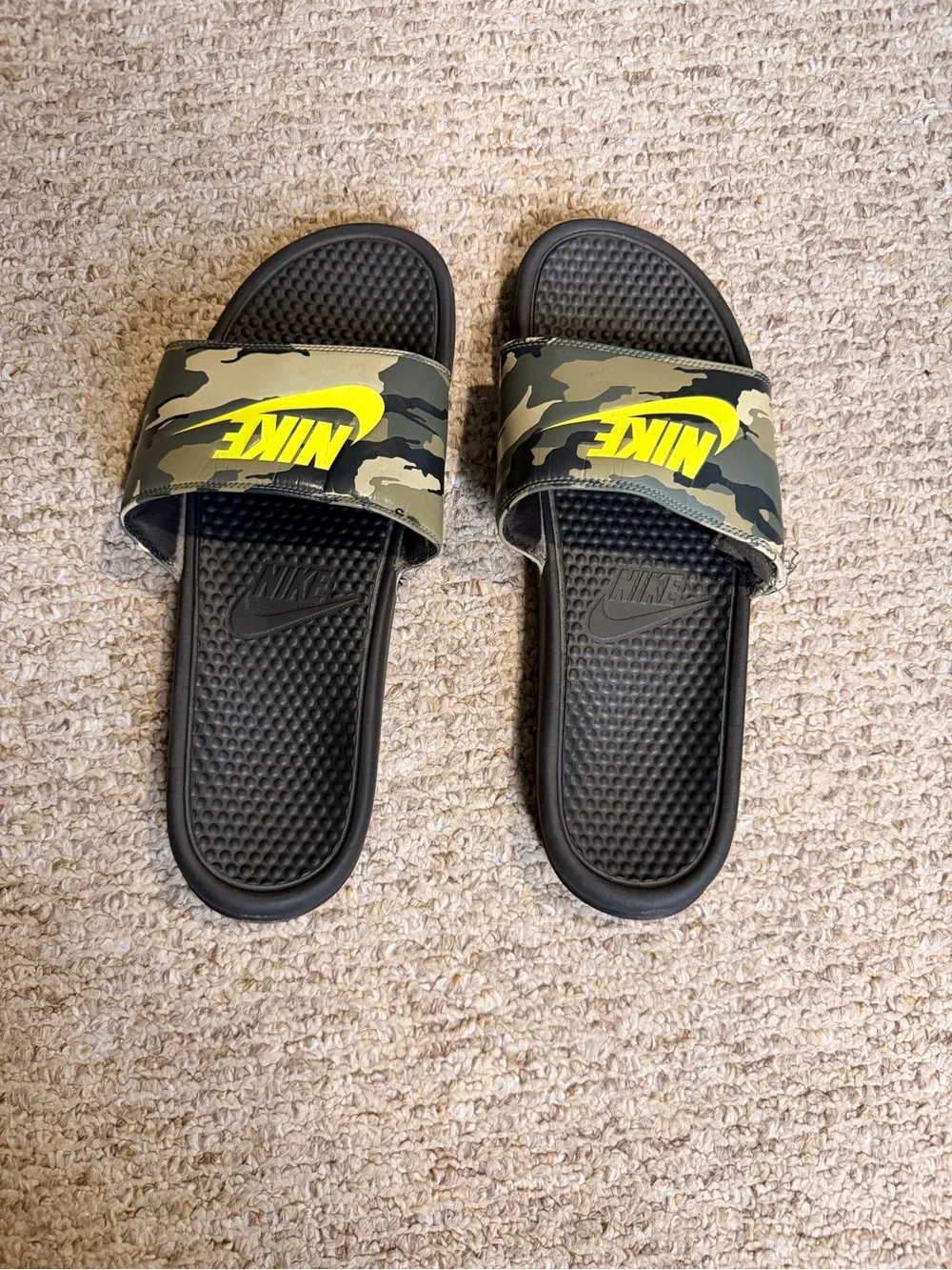Nike Black Camo Slides with Bright Yellow Swoosh